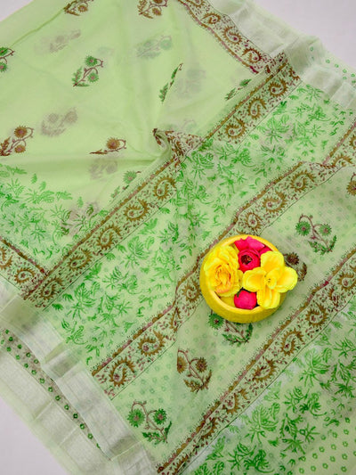 Indiehaat | Kota Doria Blockprint Saree Green