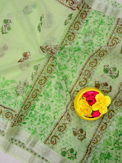 Indiehaat | Kota Doria Blockprint Saree Green