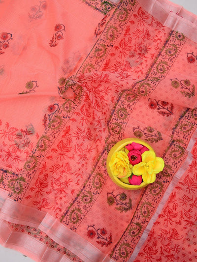 Indiehaat | Kota Doria Blockprint Saree Peach