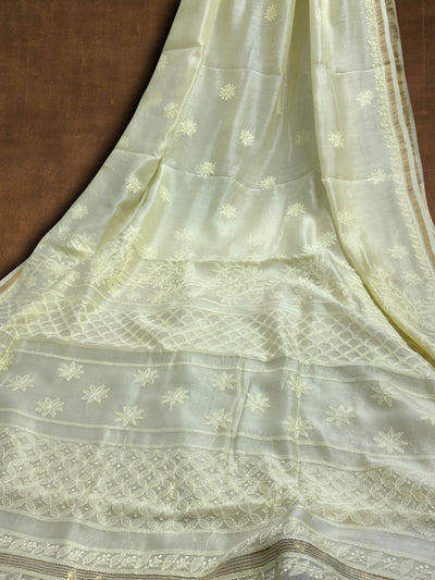 Indiehaat | Chikankari Pure Chanderi Silk Saree White