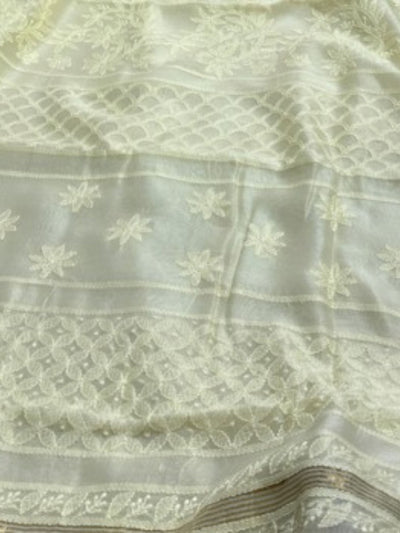 Indiehaat | Chikankari Pure Chanderi Silk Saree White