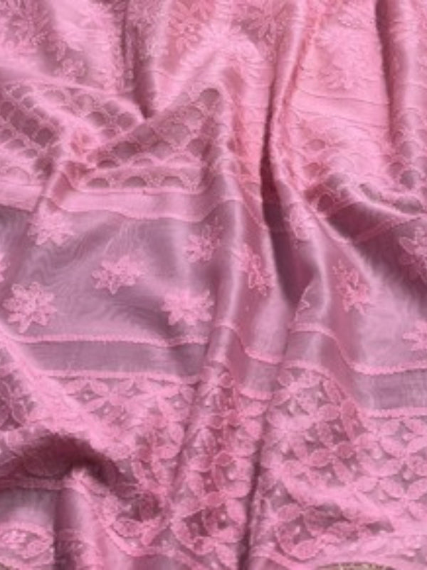 Indiehaat | Chikankari Pure Chanderi Silk Saree Pink
