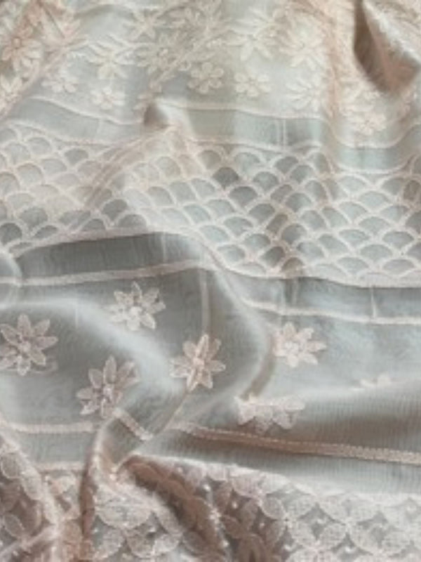 Indiehaat | Chikankari Pure Chanderi Silk Saree Peach