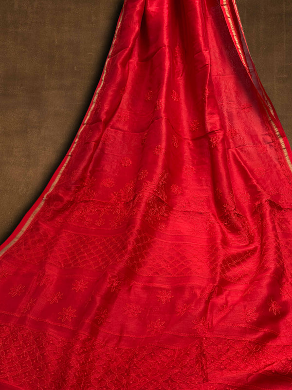 Indiehaat | Chikankari Pure Chanderi Silk Saree Red