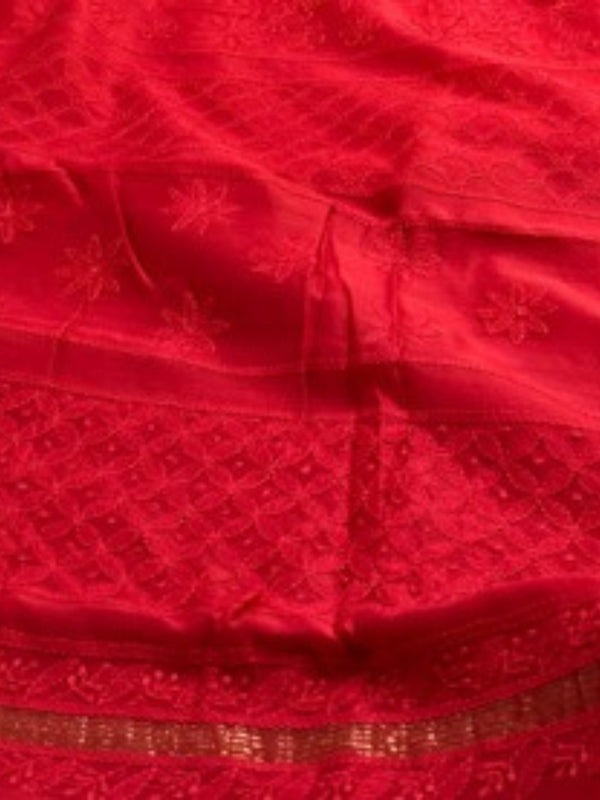 Indiehaat | Chikankari Pure Chanderi Silk Saree Red