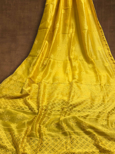 Indiehaat | Chikankari Pure Chanderi Silk Saree Yellow