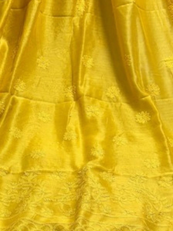 Indiehaat | Chikankari Pure Chanderi Silk Saree Yellow