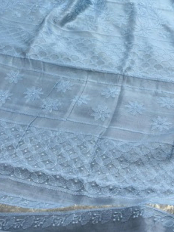 Indiehaat | Chikankari Pure Chanderi Silk Saree Blue