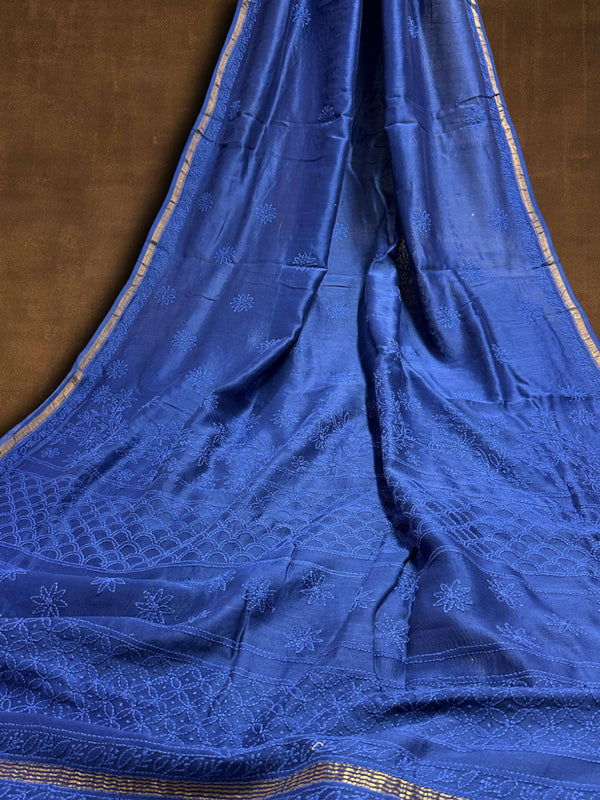 Indiehaat | Chikankari Pure Chanderi Silk Saree Blue