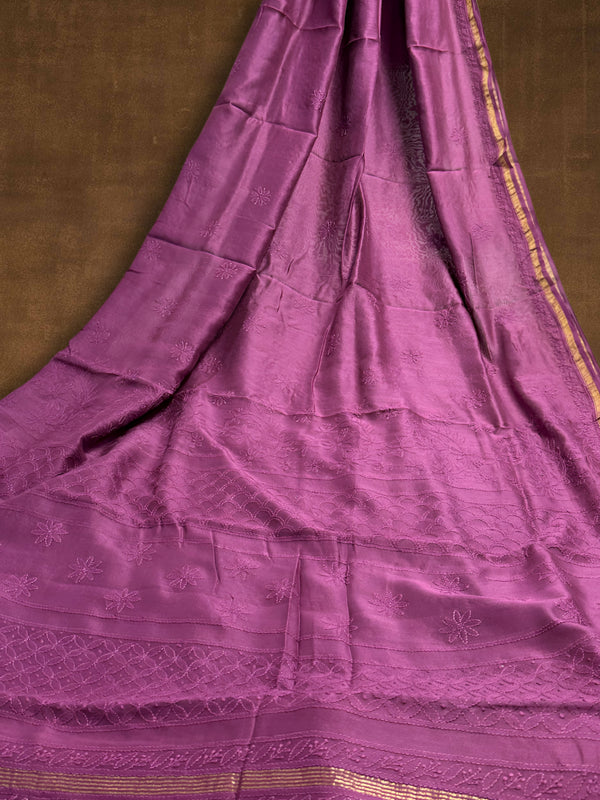 Indiehaat | Chikankari Pure Chanderi Silk Saree Purple