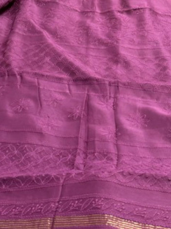Indiehaat | Chikankari Pure Chanderi Silk Saree Purple