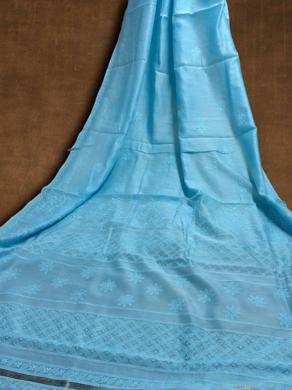 Indiehaat | Chikankari Pure Chanderi Silk Saree Blue