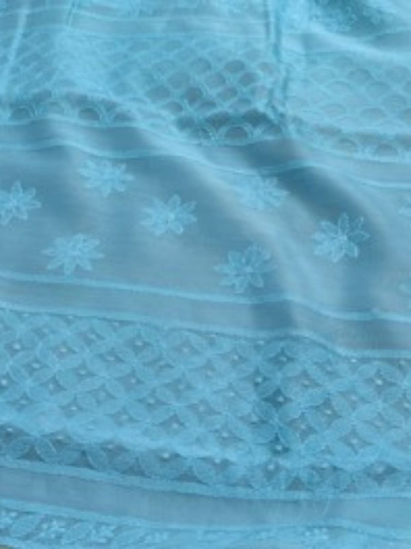 Indiehaat | Chikankari Pure Chanderi Silk Saree Blue