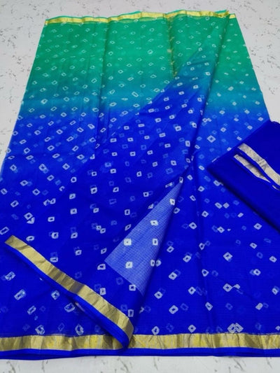 Indiehaat | Kota Silk Bandhej Saree Blue Green