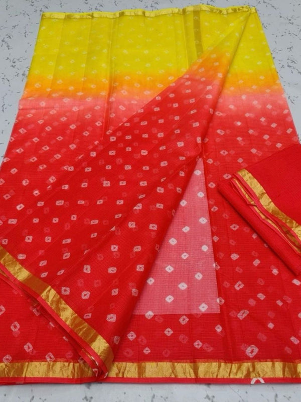 Indiehaat | Kota Silk Bandhej Saree Red Yellow