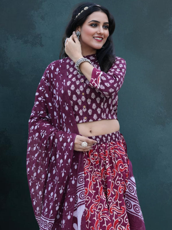 Indiehaat | Blockprinted Cotton Lehanga Choli Red