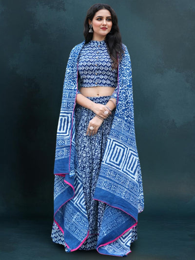 Indiehaat | Blockprinted Cotton Lehanga Choli Blue