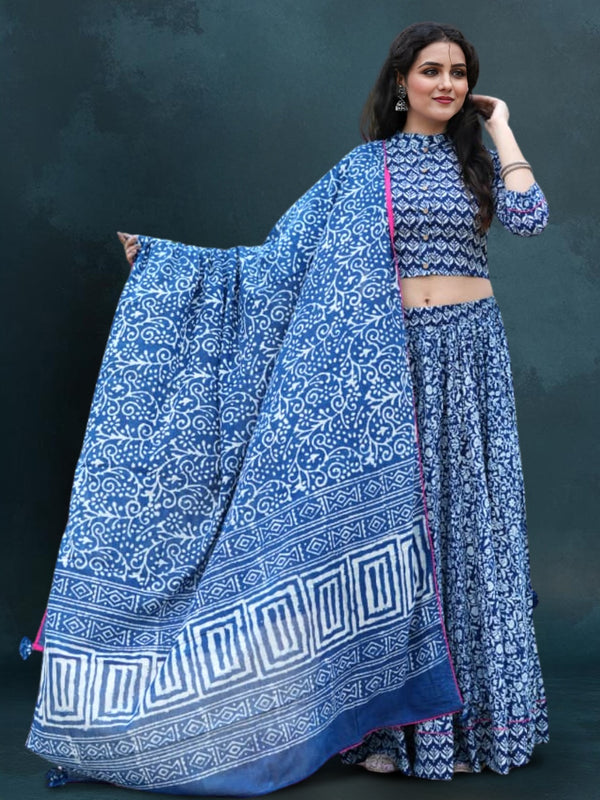 Indiehaat | Blockprinted Cotton Lehanga Choli Blue