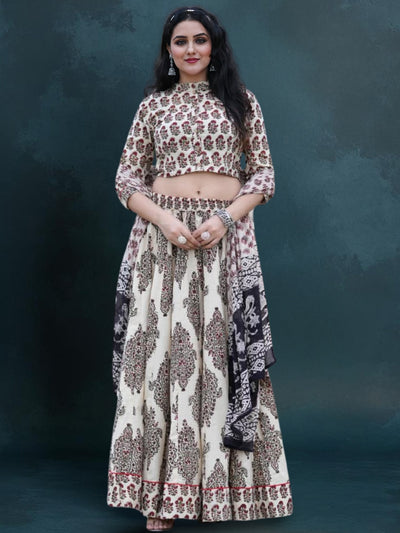 Indiehaat | Blockprinted Cotton Lehanga Choli Beige
