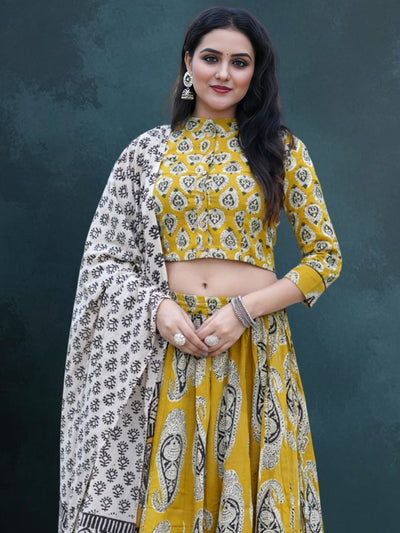 Festive Fusion Lehanga Choli Yellow Blockprinted