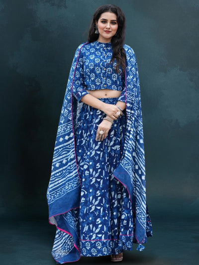 Indiehaat | Blockprinted Cotton Lehanga Choli Blue