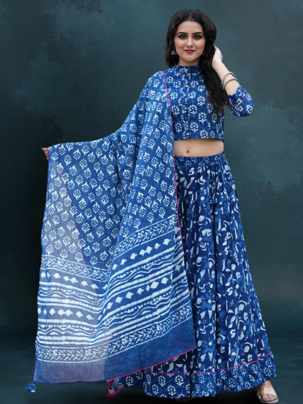 Indiehaat | Blockprinted Cotton Lehanga Choli Blue