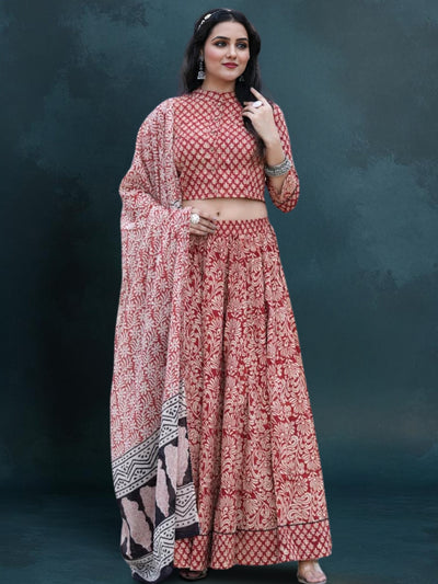Indiehaat | Blockprinted Cotton Lehanga Choli Red