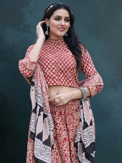 Indiehaat | Blockprinted Cotton Lehanga Choli Red