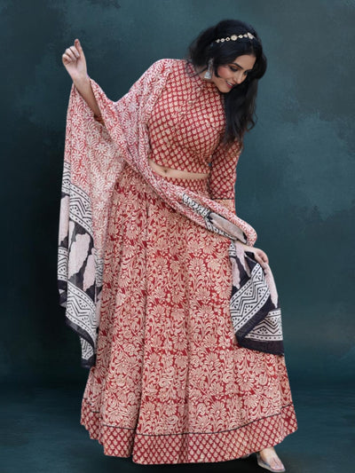 Indiehaat | Blockprinted Cotton Lehanga Choli Red