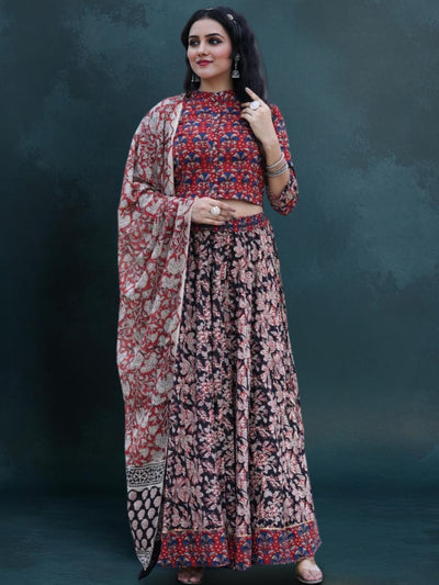 Indiehaat | Blockprinted Cotton Lehanga Choli Red & Black