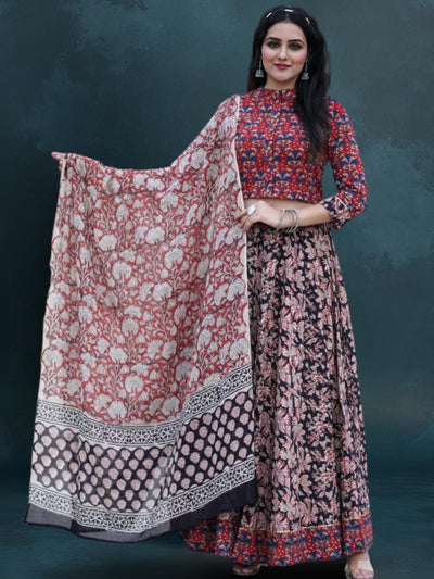 Indiehaat | Blockprinted Cotton Lehanga Choli Red & Black