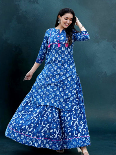 Indiehaat | Blockprint Cotton Long Kurta & Skirt Blue
