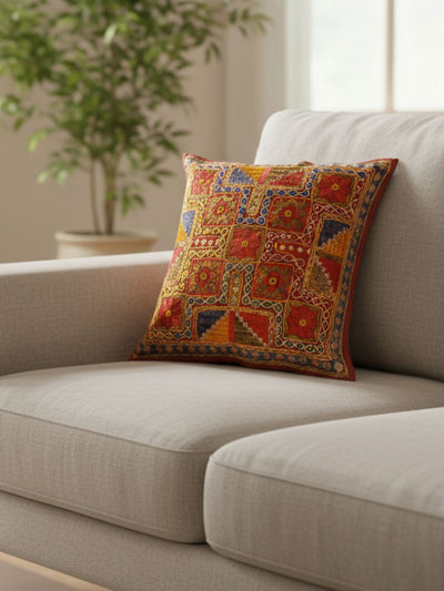 Indiehaat | Pure Cotton Multicolor Embroidered Cushion Cover