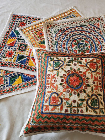 Indiehaat | Pure Cotton Multicolor Embroidered Cushion Cover
