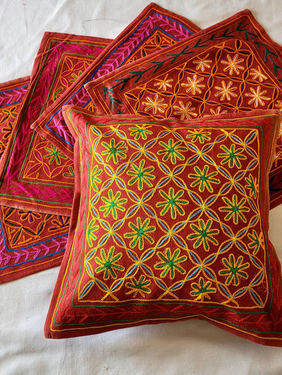 Indiehaat | Pure Cotton Multicolor Embroidered Cushion Cover