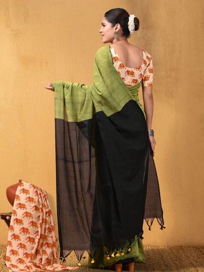 Indiehaat | Hand Dyed Khadi Cotton Saree Green