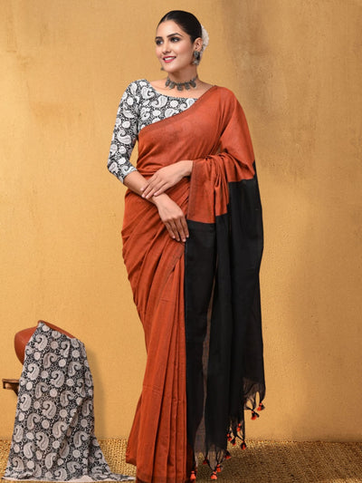Indiehaat | Hand Dyed Khadi Cotton Saree Orange
