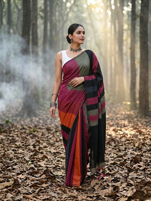 Indiehaat | Hand Dyed Khadi Cotton Saree Multicolor