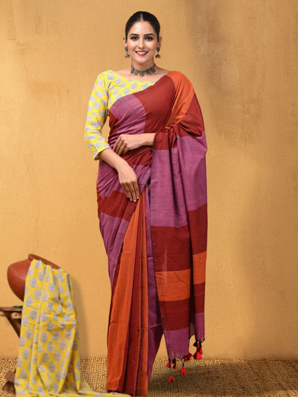 Indiehaat | Hand Dyed Khadi Cotton Saree Multicolor