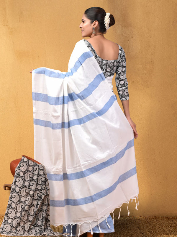 Indiehaat | Hand Dyed Khadi Cotton Saree White & Blue