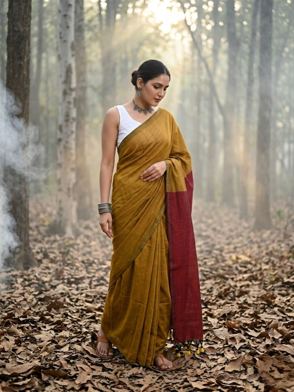 Indiehaat | Hand Dyed Khadi Cotton Saree Yellow
