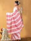 Indiehaat | Hand Dyed Khadi Cotton Saree Pink & White