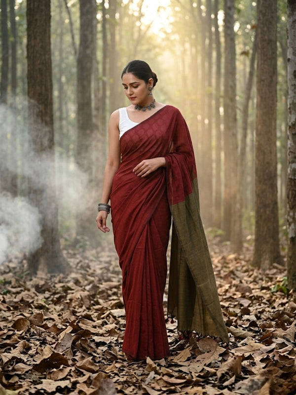 Indiehaat | Hand Dyed Khadi Cotton Saree Red