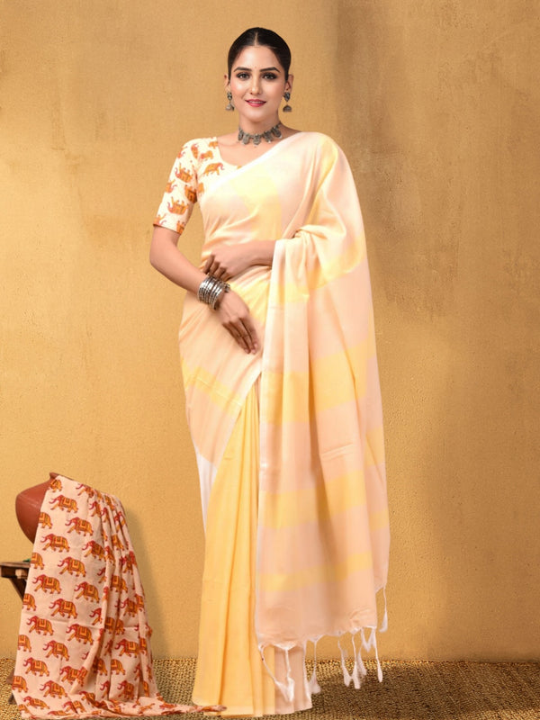 Indiehaat | Hand Dyed Khadi Cotton Saree Yellow