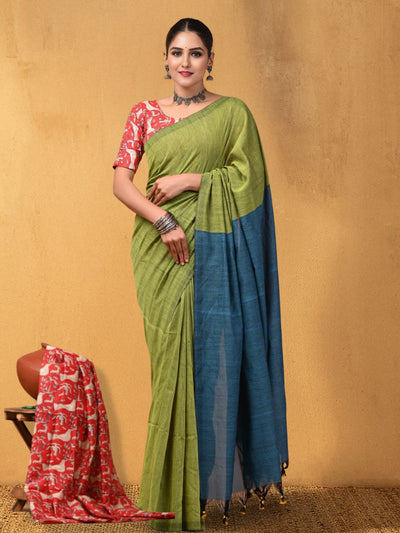 Indiehaat | Hand Dyed Khadi Cotton Saree Green