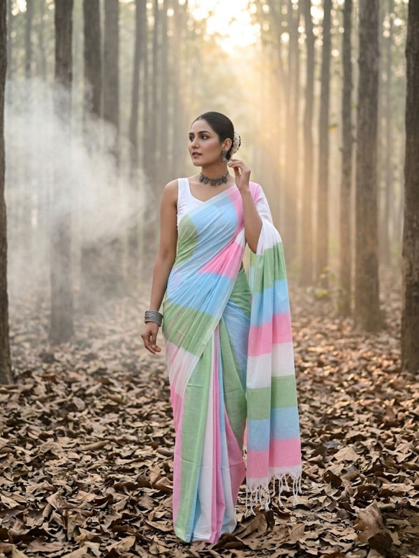 Indiehaat | Hand Dyed Khadi Cotton Saree Multicolor