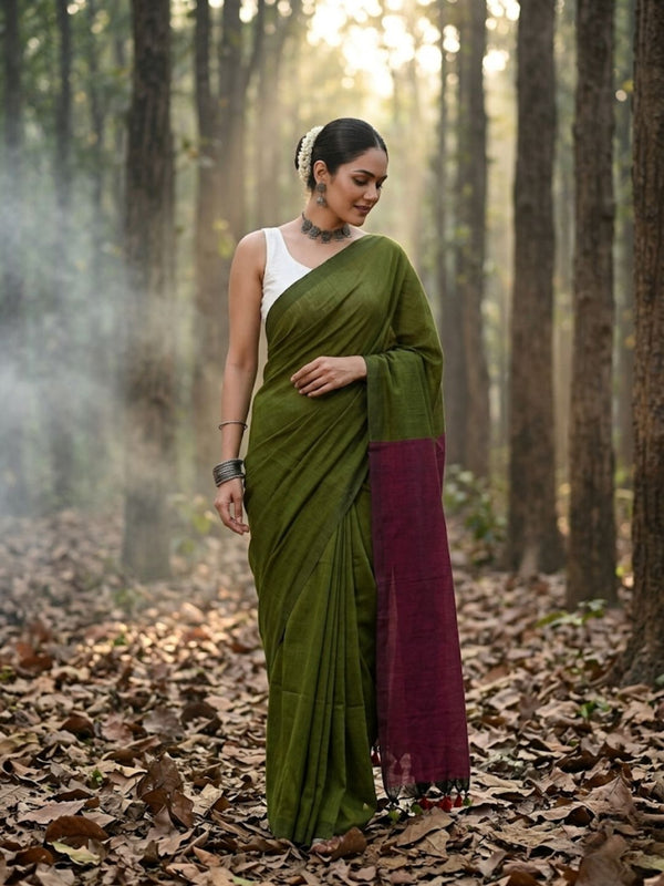 Indiehaat | Hand Dyed Khadi Cotton Saree Green