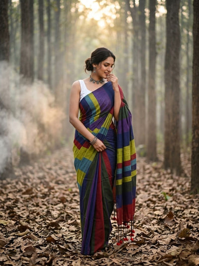 Indiehaat | Hand Dyed Khadi Cotton Saree Multicolor