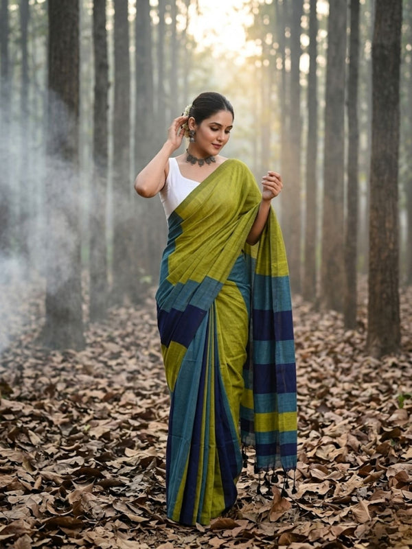 Indiehaat | Hand Dyed Khadi Cotton Saree Green