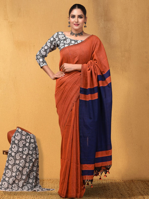 Indiehaat | Hand Dyed Khadi Cotton Saree Orange
